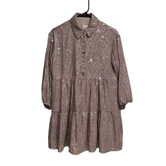 Anthropologie Maeve Bettina Sequin Tiered Mini Shirt Dress Silver - Picture 1 of 10